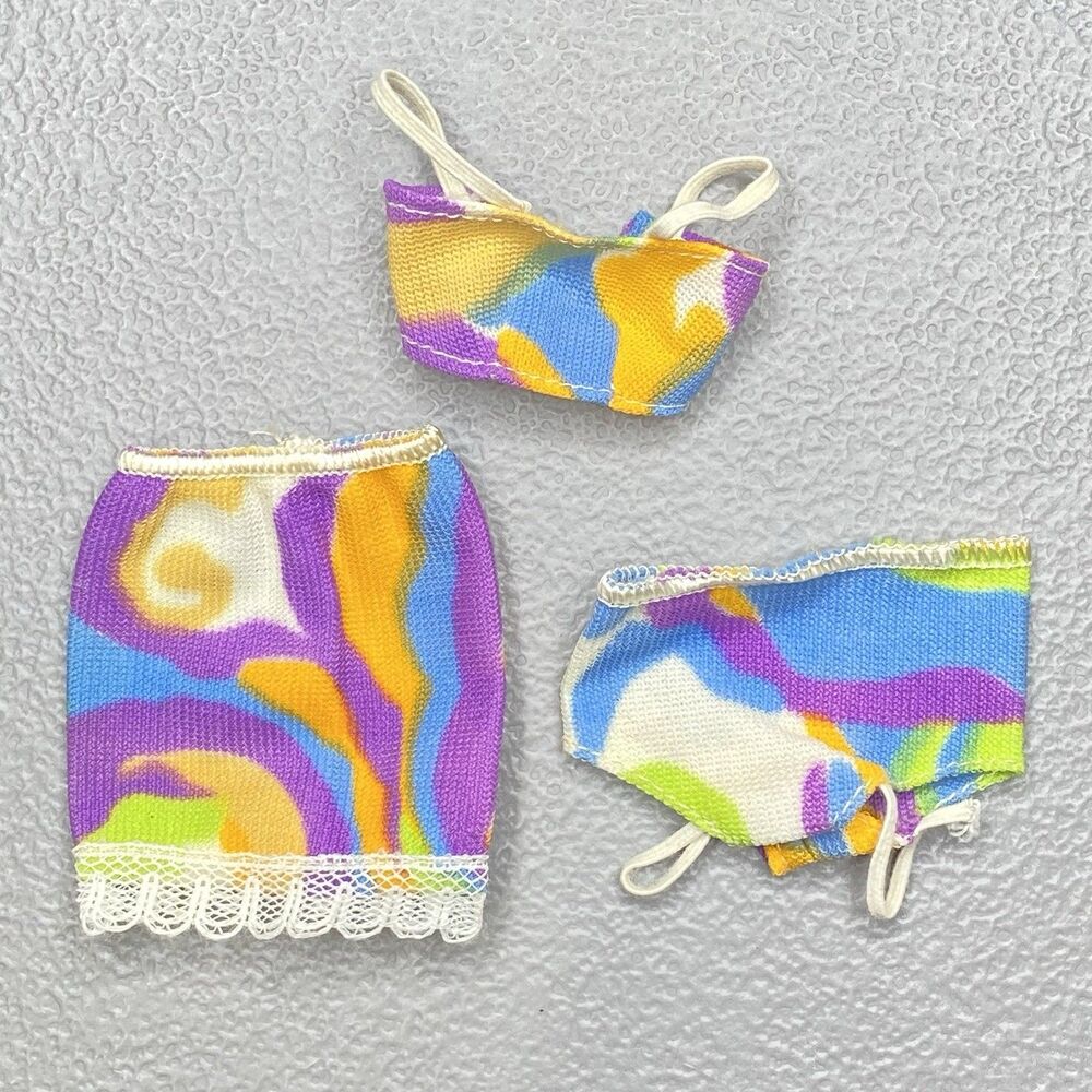 Vintage 1970s Barbie Clone MOD Psychedelic Swirl Tricot Halter Mini Skirt Bikini - Picture 1 of 7